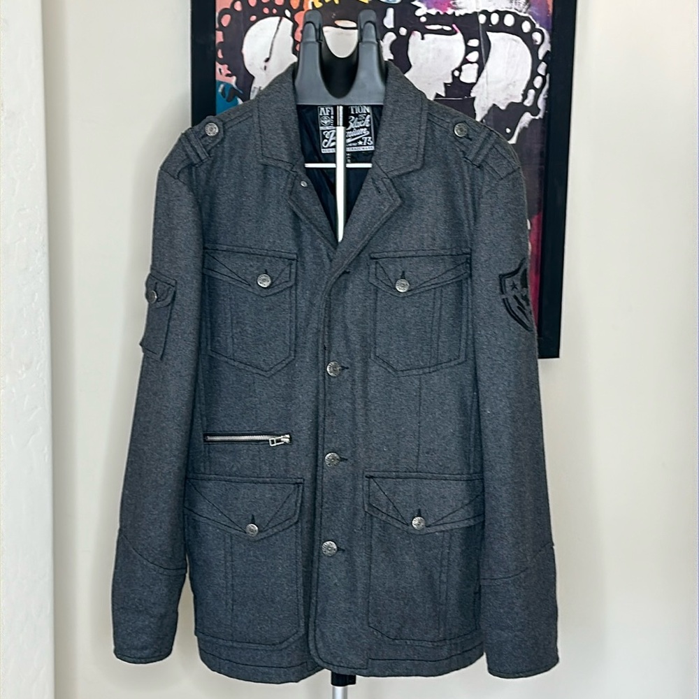 Stunning Mens Black Premium Gray & Black Wool Blend Affliction Peacoat Size XL
